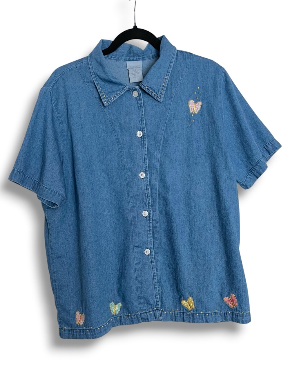Vintage Blair Blue Denim Butterfly Embroidered Studded Collar Button Up Shirt L